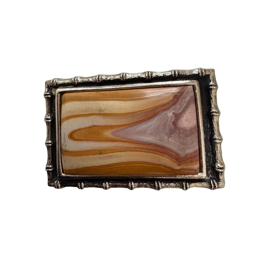 Vintage Silver Tone Bamboo Edge Picture Jasper Stone Inlay Belt Buckle Mens Boho